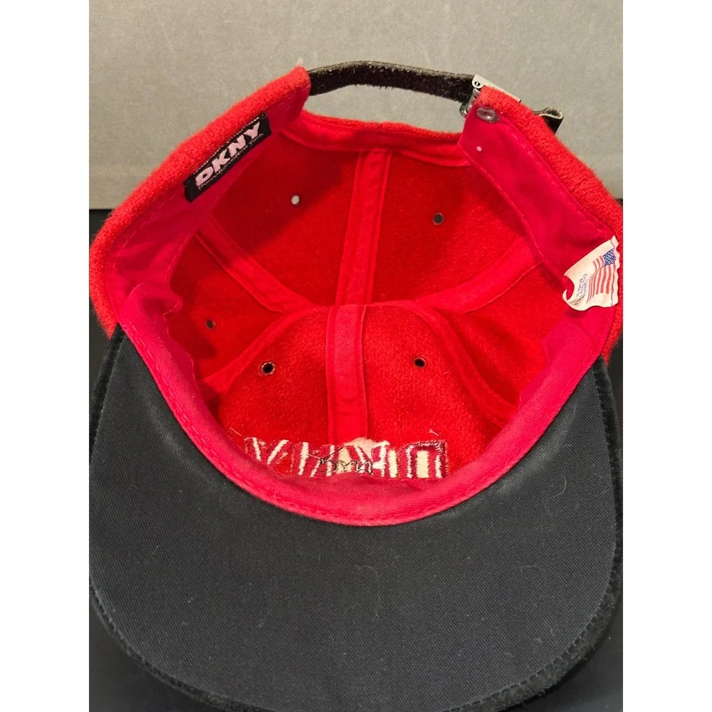 Vintage‎ DKNY NYC Red Wool Black Suede Brim Baseball Cap Hat Made in USA